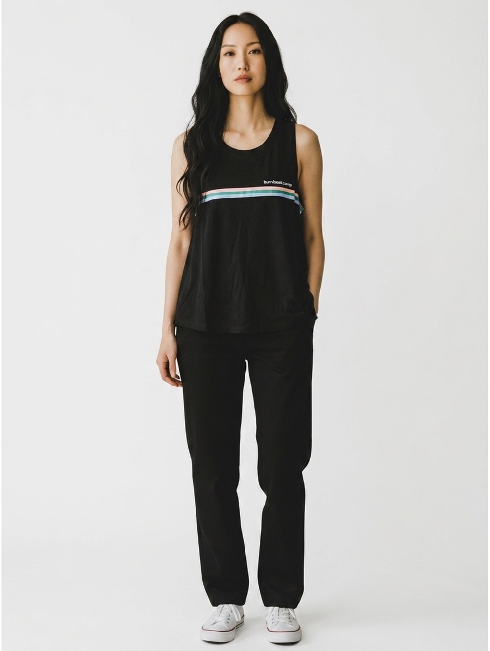 #110 Burn Boot Camp Scavenger Black Sleeveless Tank Top Rainbow Stripe